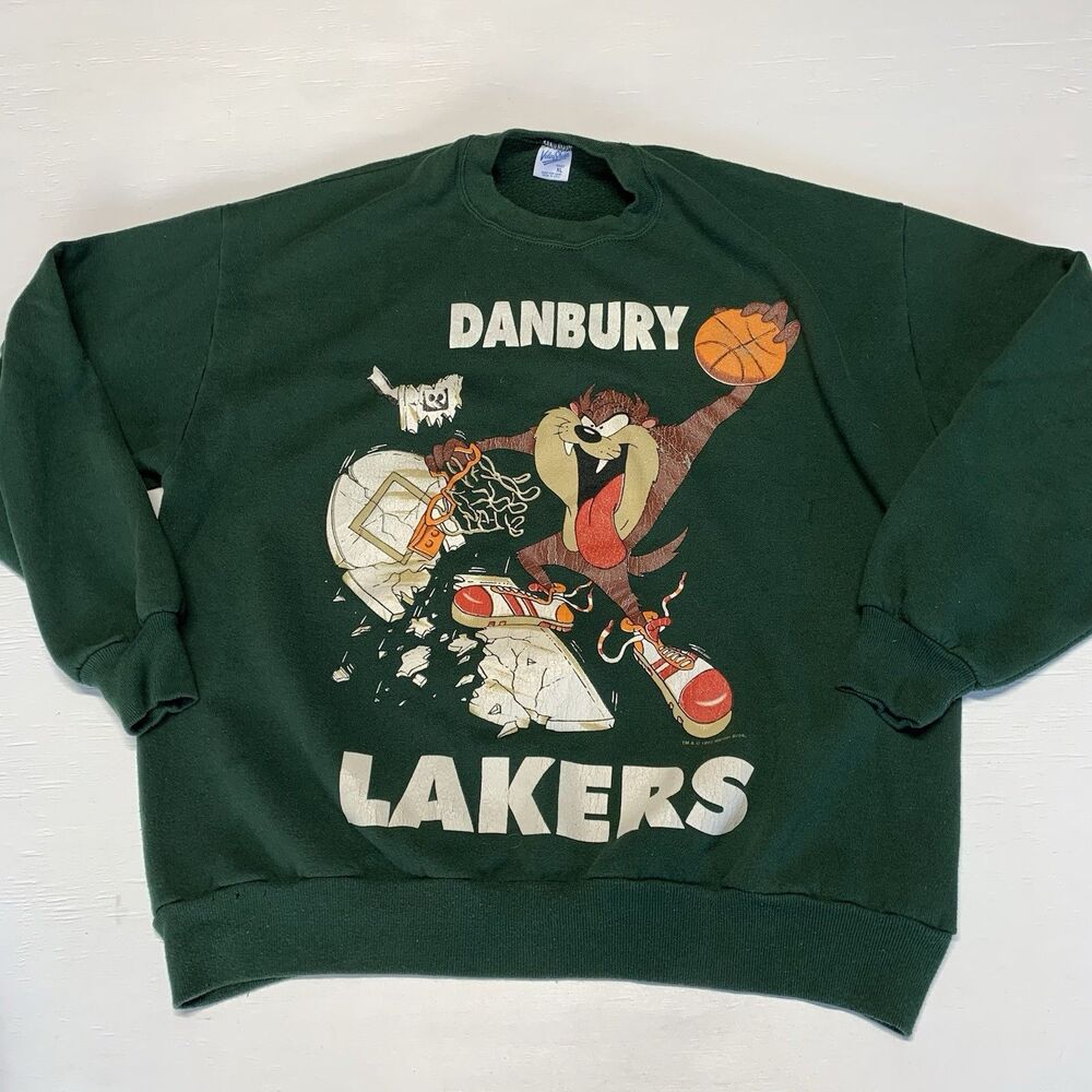 Vintage 1993 Looney Tunes Basketball Sweatshirt Sz Xl(L) Danbury Lakers Green
